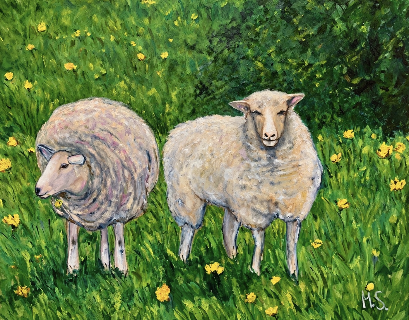 Sheep in the Field — original painting by Marina Stognieva, oil on canvas, 100 × 120 cm, 2021